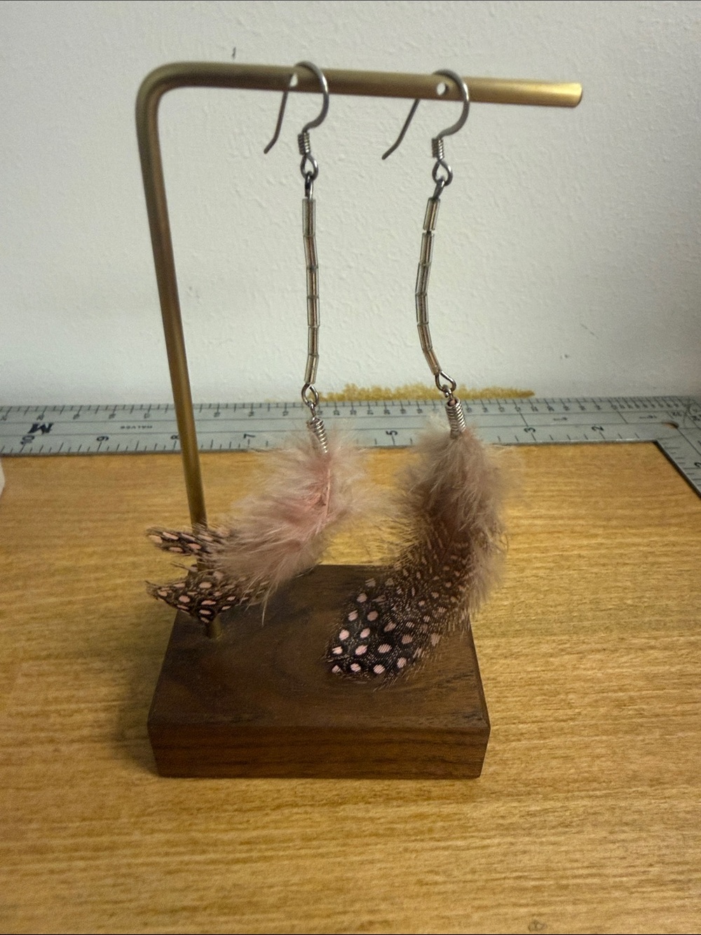 Pink spotted feather lightweight long dangle earrings